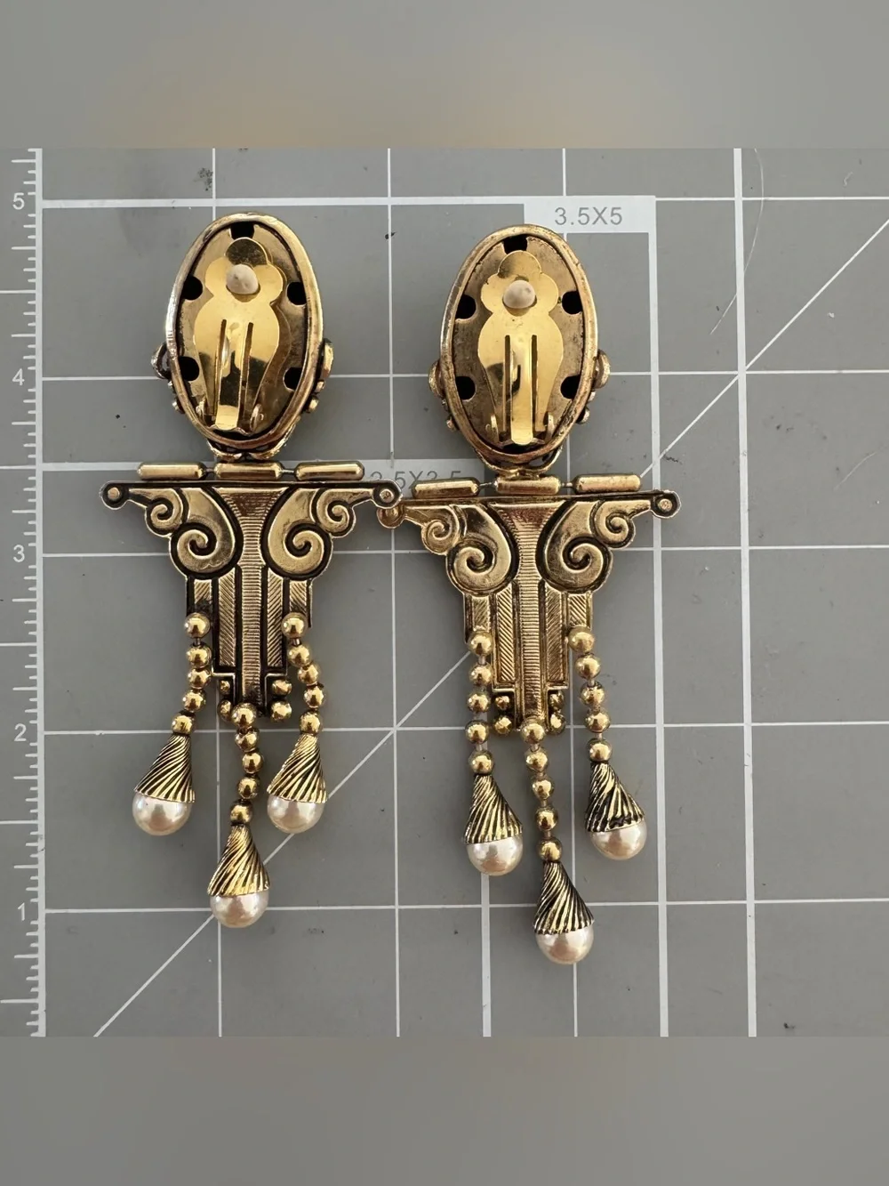 Vintage Egyptian‎ Revival Crystal Pearl Dangle Drop Statement Clip Earrings